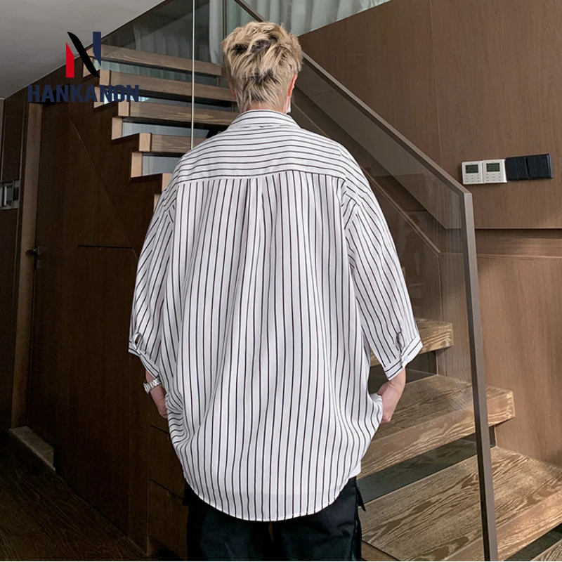 Loose-fitting Workwear Youth Striped Casual Shirt, Single-breasted Middle-sleeve Shirt for Men.M-5XL