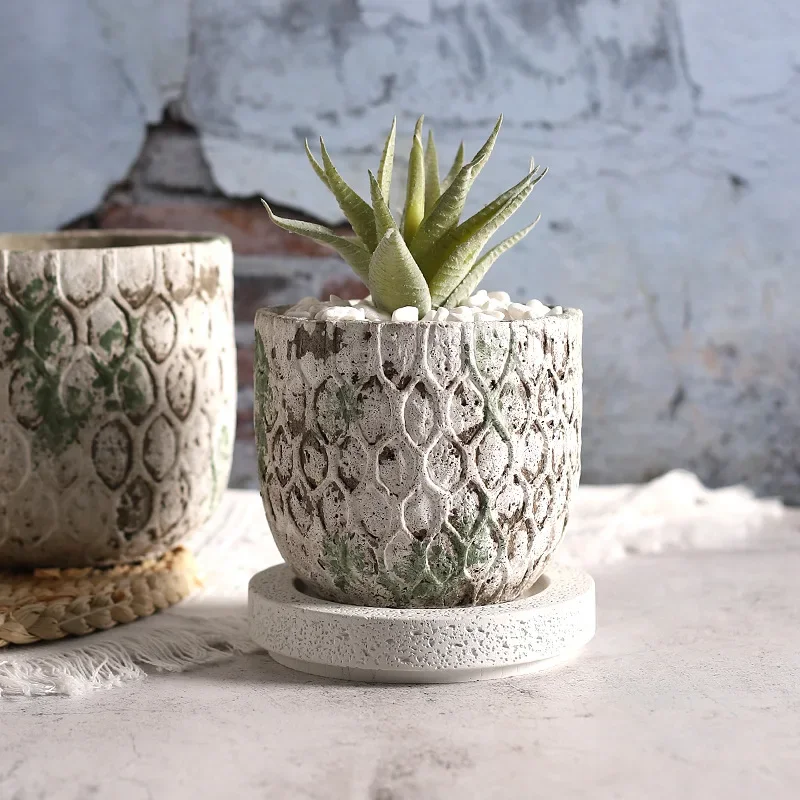 Moss-colored Cement Flowerpot Garden Accessories Mesh Embossed Succulent Plant Grower Home Decorliving Room Desktop Ornament