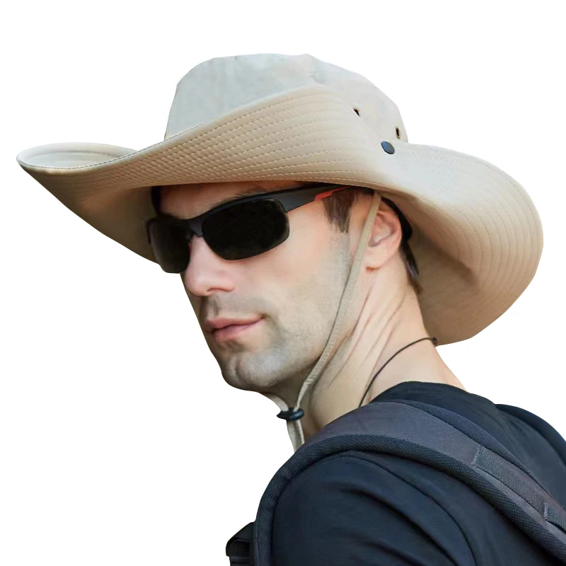 

Men Sun Protection Hiking Fishing Cap Male Summer Wide Brim Cowboy Hat Outdoor Mesh Breathable Headgear New Wholesale Drop Ship