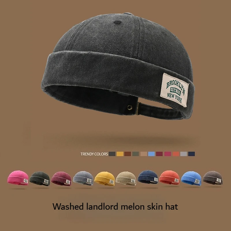 Unisex Washed Vintage Brimless Docker Cap Brooklyn Patch Landlord Melon Hat Adjustable Retro Streetwear Skull Cap for Men Women
