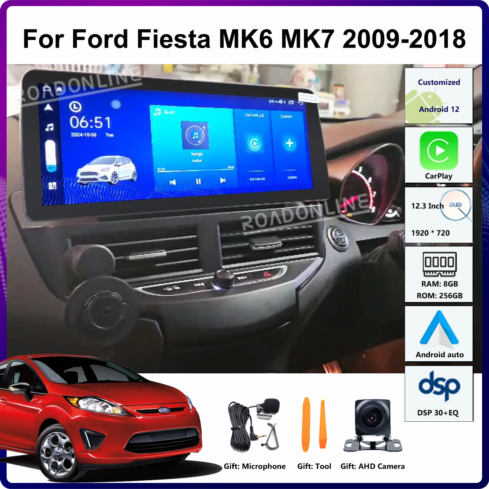 12.3” Android 12 For Ford Fiesta MK6 MK7 2009-2018 Car Stereo Radio Receiver Multimedia Player GPS Wireless CarPlay Touch Screen