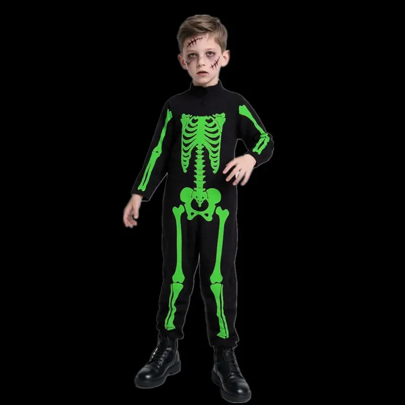 3-12Y يتوهج في الظلام الهيكل العظمي زي مع قفازات الرعب قناع كامل الجسم بذلة لخيفاء هالوين شبح زي تأثيري البدلة