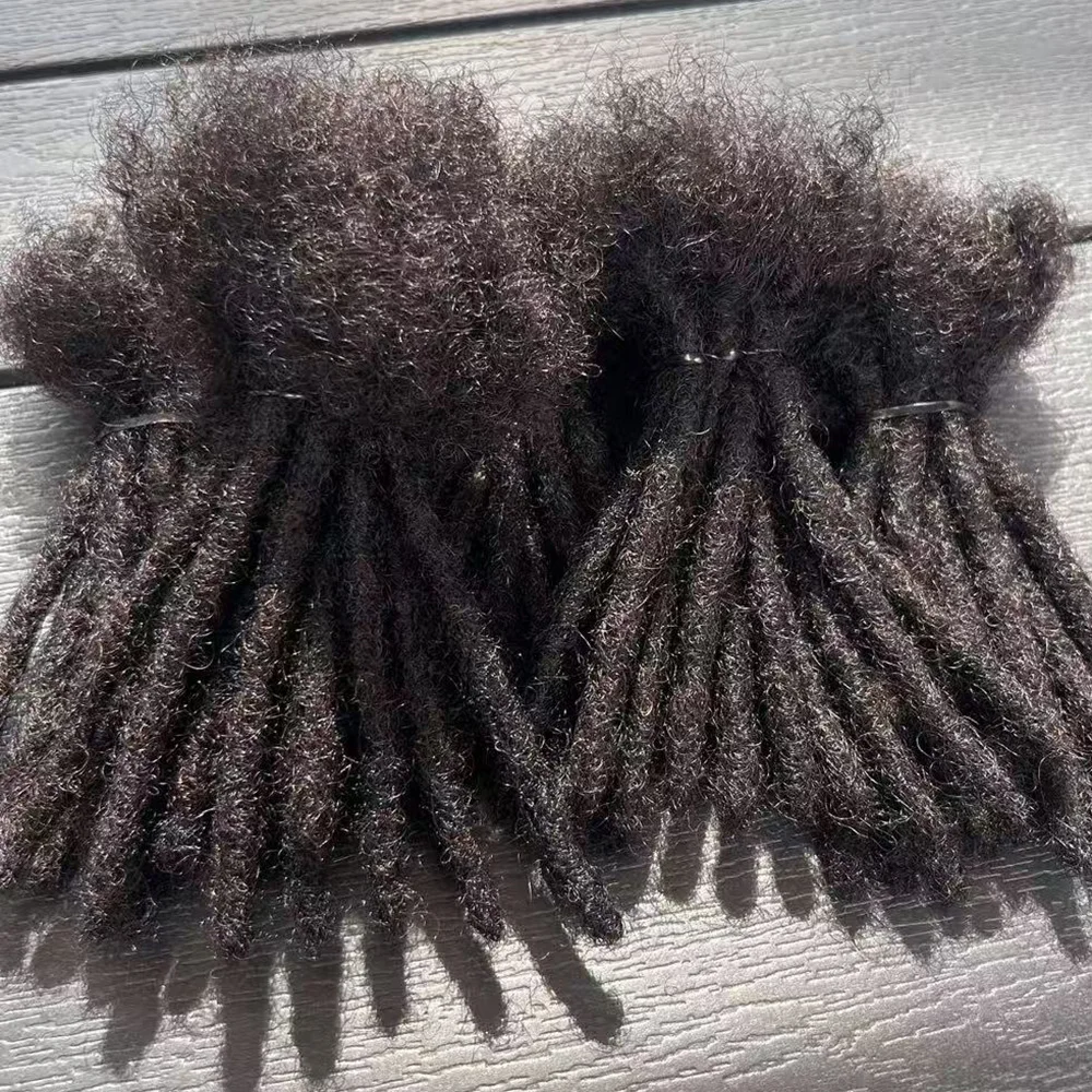 100%人毛ドレッドヘアエクステ、完全手作り、卸売、幅0.6cm、ナチュラルブラック、女性男性用エクステ