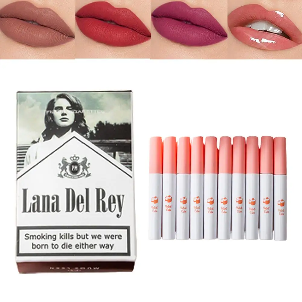 Nuevo lápiz labial cigarrillos brillante 10 colores caja de tinte de labios juego de lápiz labial de larga duración 24 horas juego de lápiz labial impermeable