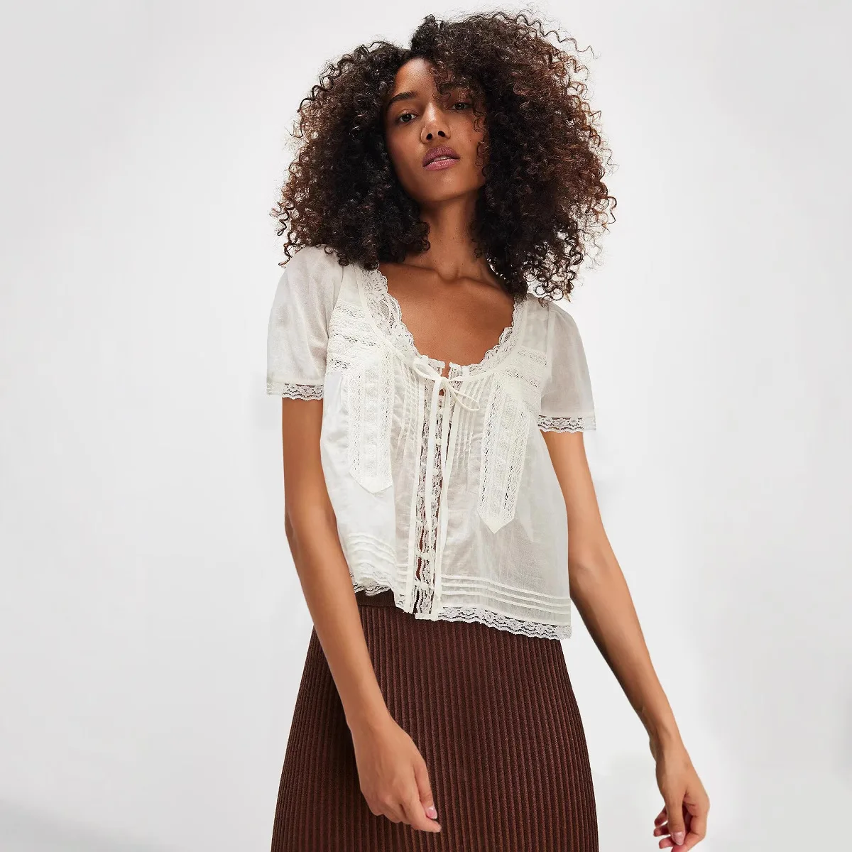 

Short Sleeve Blouse Women Base Layer 2026 French Style Lightweight Shirts For Women 3D Hollow Out Cotton Lace Trim Top