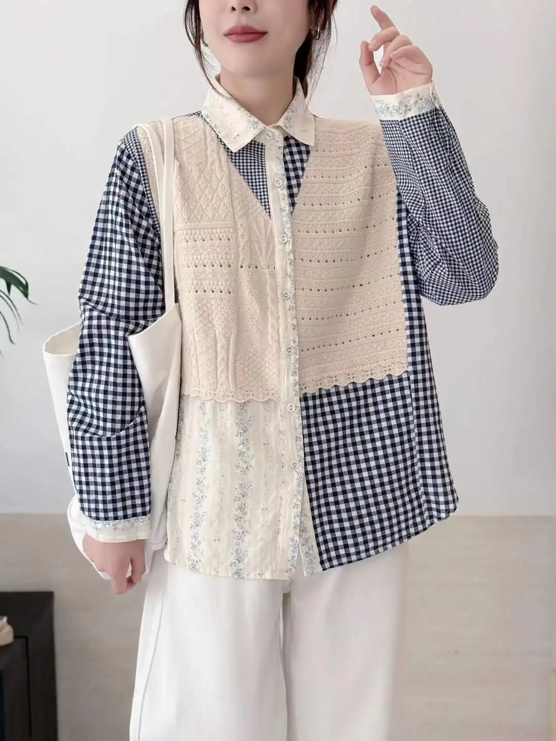 New 2025 Winter Cotton Long Sleeve Shirt, Women Lapel Woollen Patchwork, Mori Girl French Plaid Casual Loose Blouse T5N819CC