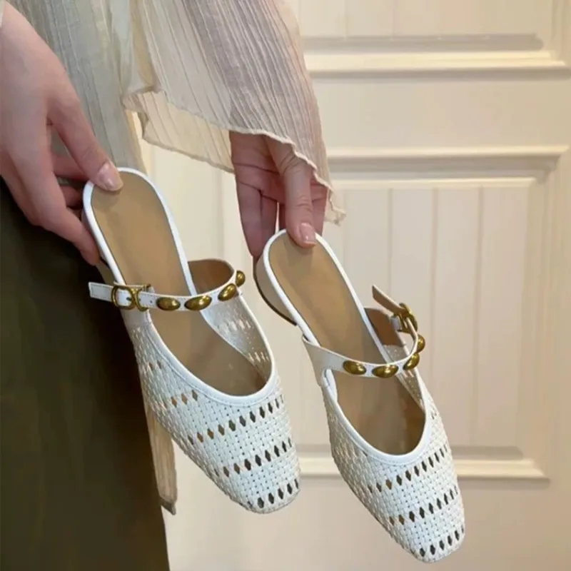 French Woven Cutout Slip-on Half Slippers Fashion New Square Toe Shallow Mouth Metal Buckle Block Heel Wrapped Sandals