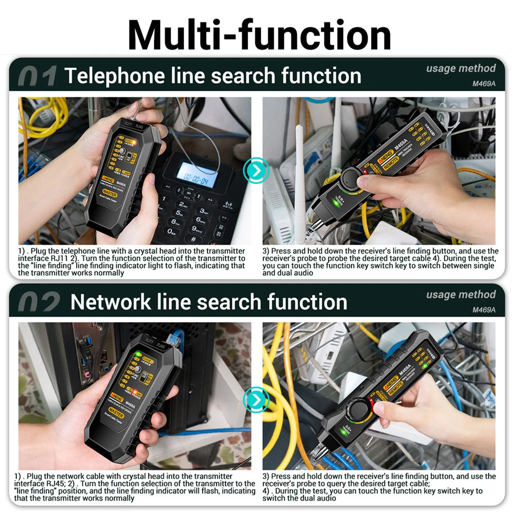 ใหม่ M469A สมาร์ทเครื่องทดสอบสายเคเบิลเครือข่าย RJ45 RJ11 LAN เครื่องทดสอบสายเคเบิล Finder Wire Tracker ตัวรับสัญญาณเครือข่ายซ่อมเครื่องมือไฟฟ้า