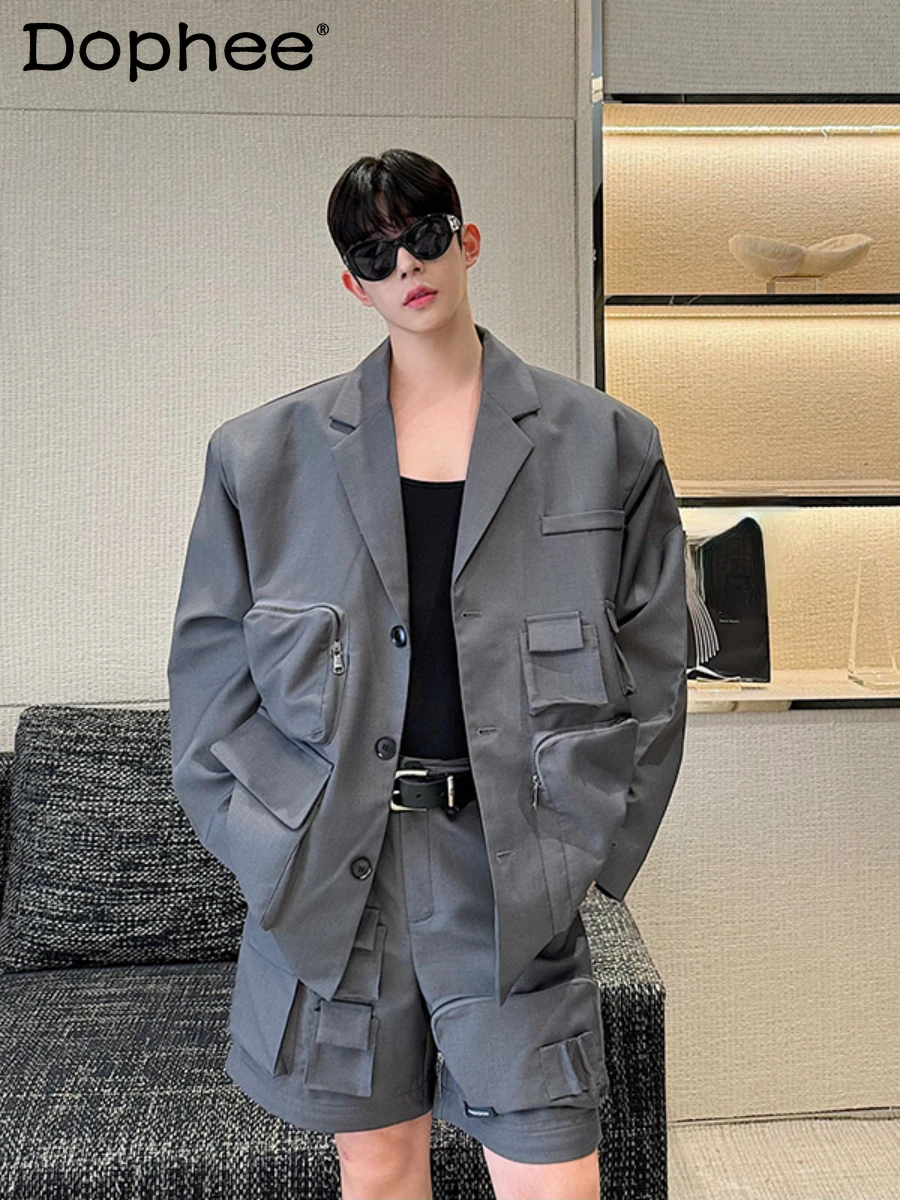 2024 Male Multi-pocket Long Sleeve Tooling Suit Jacket Handsome Zipper Chic Removable Trousers Shorts Loose Casual Two-piece Set