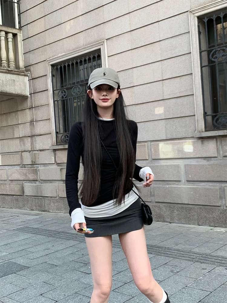 

Agu One 2025 Winter Long Sve Women's T-irt Inner Wear Bla Spicy Girl Top Autumn Winter Slim Fit Casual Sle Polyester