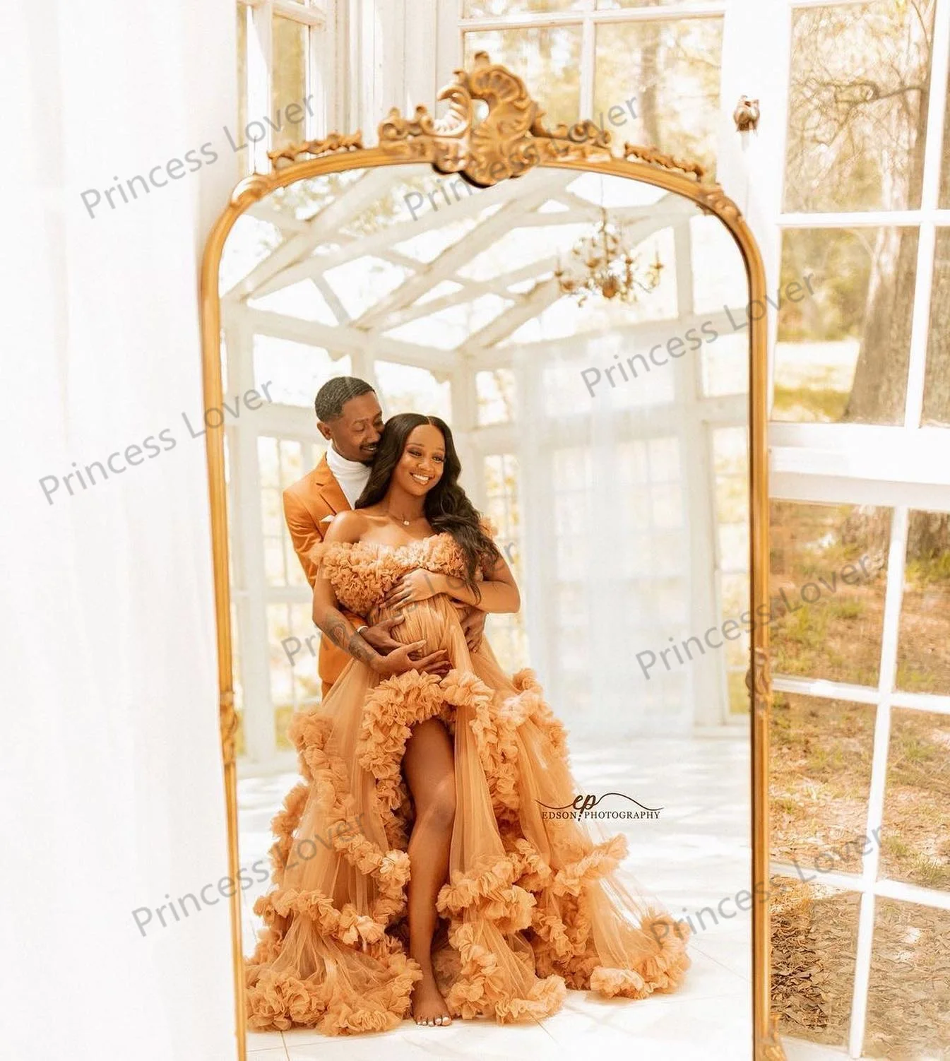 Luxury Gold Maternity Photoshoot Dress Photo Props Plus Size Tiered Ruffles Robes Tulle Maxi Gown for Baby Shower