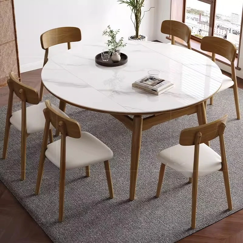 Rock slab dining table chair combination modern simple household Nordic retractable folding round solid wood dining table