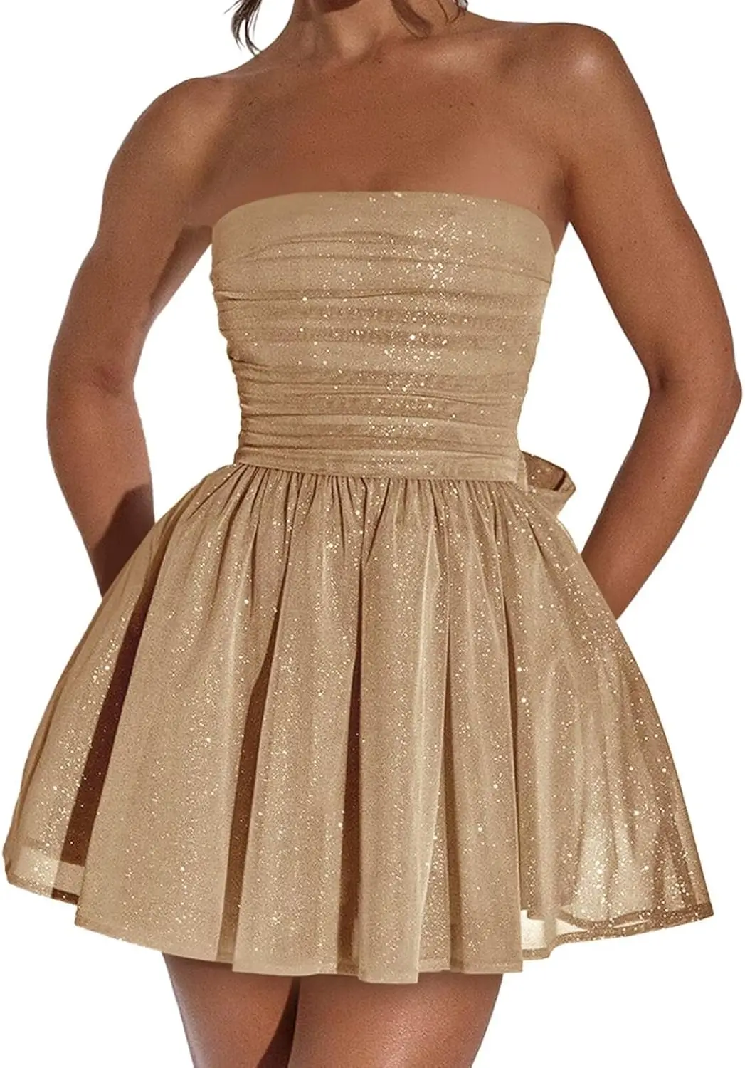 

Youth Cocktail Gown Shiny Chiffon, 2025 Back To School Dress Strapless HOCO Dress, Short Party Dance Evening Dress with Bow Tie