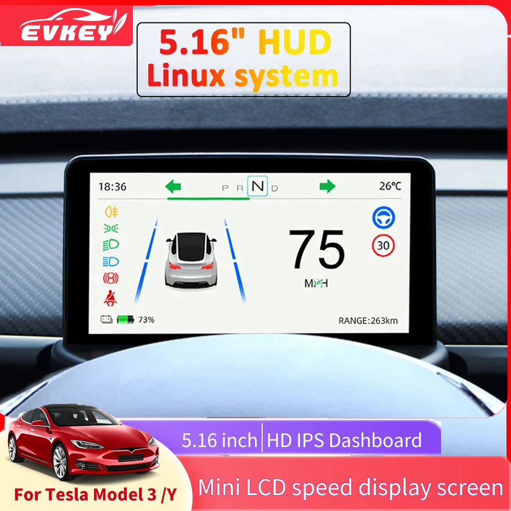 EVKEY Newest 5.16\'\' Mini Dash Screen Display For Model 3 Y Heads Up Display 2.5D IPS HD LCD Modification Accessorri Speedomete