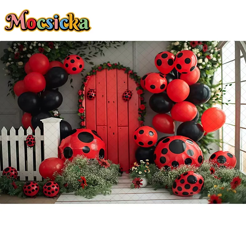 Mocsicka Birthday Party Photography Background Cake Smash Kid Portrait Crushed Beetle Seven-Spotted Ladybug Decor Photo Backdrop - view 5