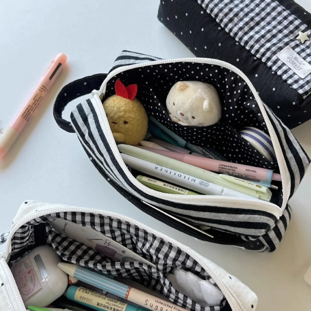 Ins Dot Plaid Star Pencil Case Canvas Pencil Pouch Multifunctional Stationery Storage Bag Students School Organizer Supplies