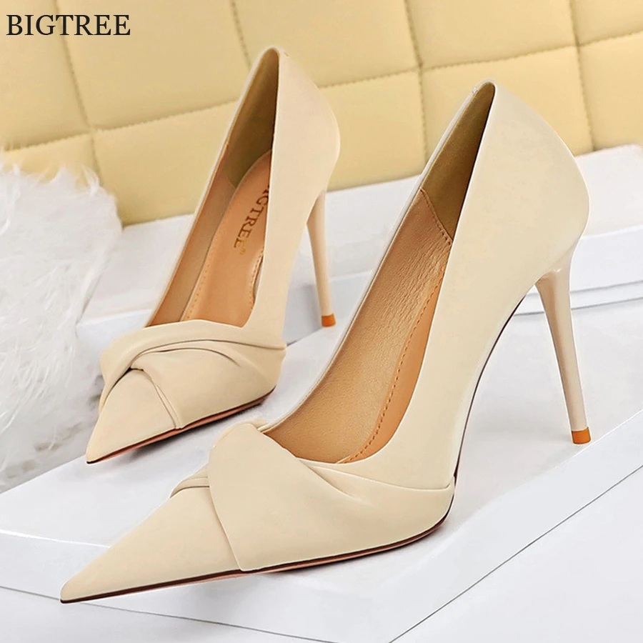 Autumn Korean Elegant Bowknot Pointy Toe Women Pumps High Heels Stiletto Lady Work Dress Shoes PU Leather Party Female Heel 2022