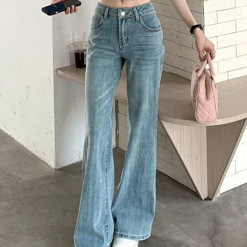 Damskie szerokie jeansy z szerokimi nogawkami na lato 2025, dzwony, spodnie dżinsowe rozszerzane, wysoki stan, vintage, elastyczne, luźne damskie spodnie typu flare.