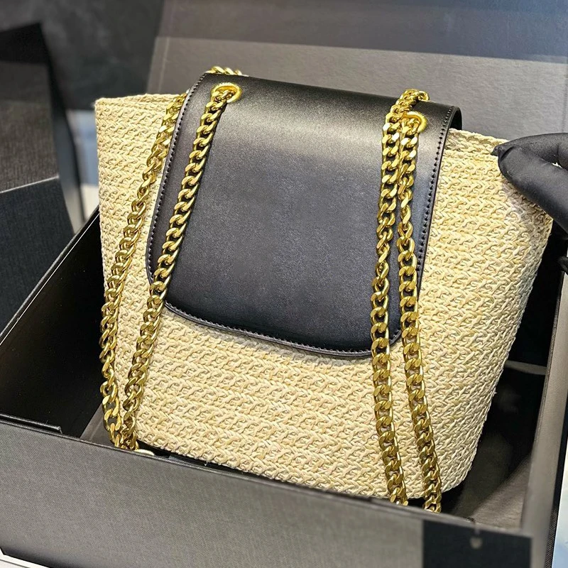 Straw Woven Bag Patchwork Genuine Leather Luxury Old Bucket Bag Ladies 2024 New Chain Design Holiday Mini Crossbody Shoulder Bag