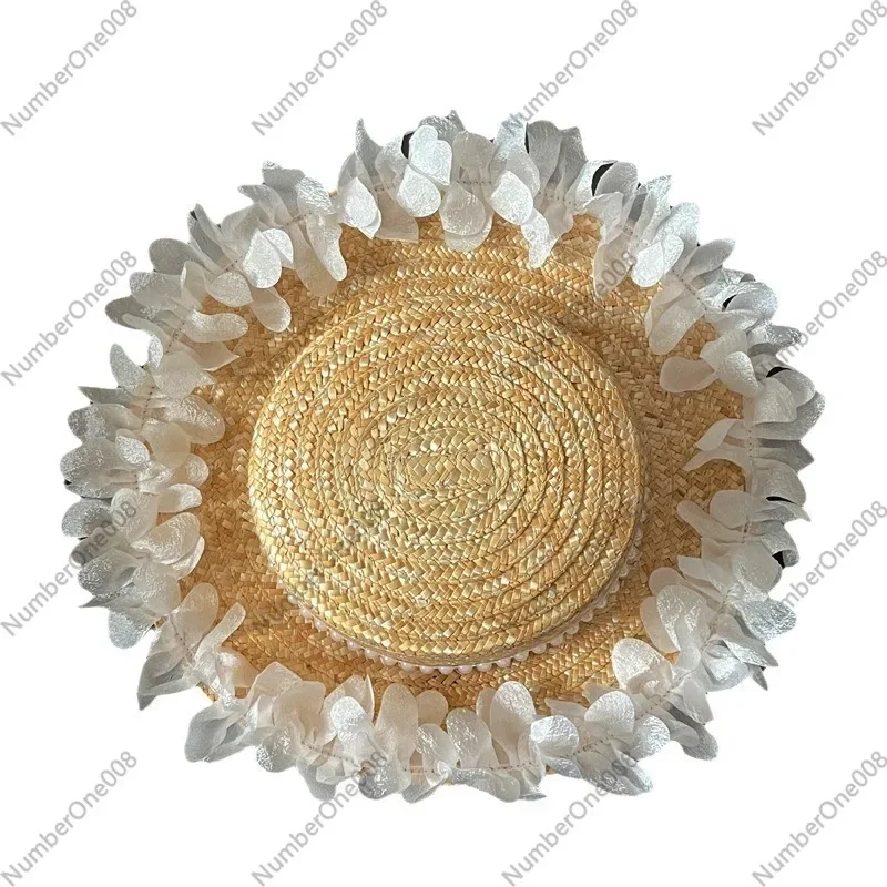 Flat Top Straw Hat with Lace， Family Matching Summer Sun Hat for Women Kids， Breathable Beach Cap