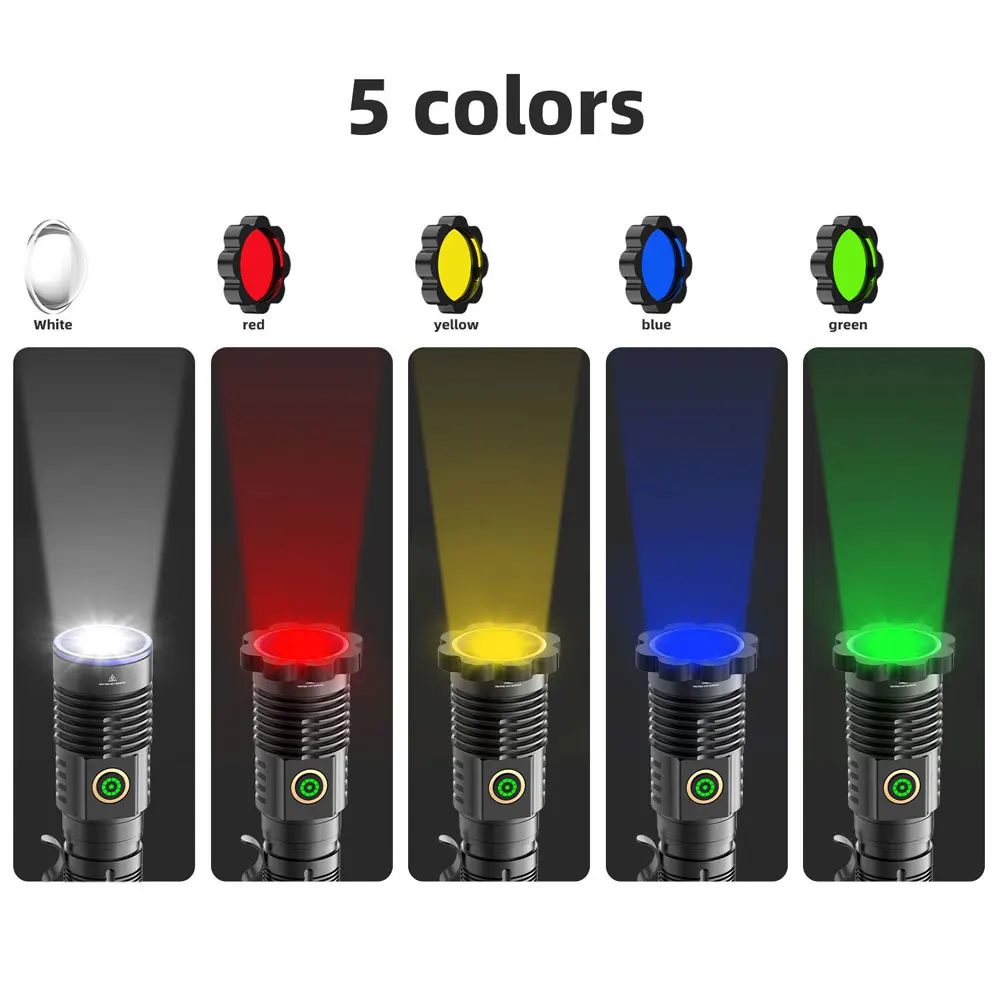 Powerful Tactical Flashlight Green Red LED Flashlight Five Colors Bright Spotlight Long Range Zoomable Emergency Torch Outdoor