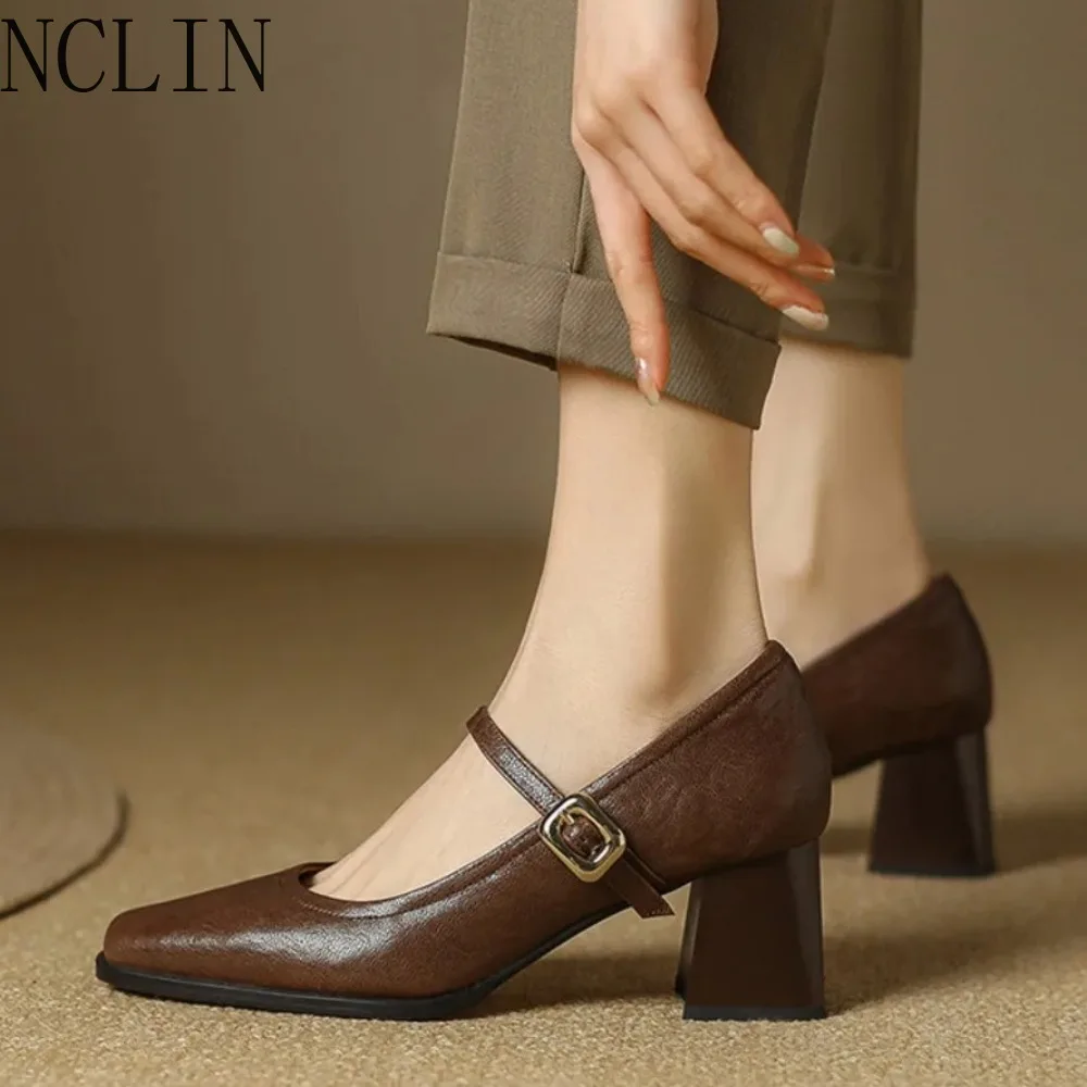 2026 New Retro Square - Toe Mary Jane Block Heel Pumps Women Leather Office Casual Shoes (Black/Brown)