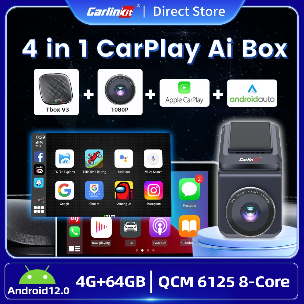 Wireless CarPlay Ai Box Android 12 SDM450 4G+64G CarlinKit CarPlay Android Ai Box 4G LTE Video App Installed Built-in Dashcam