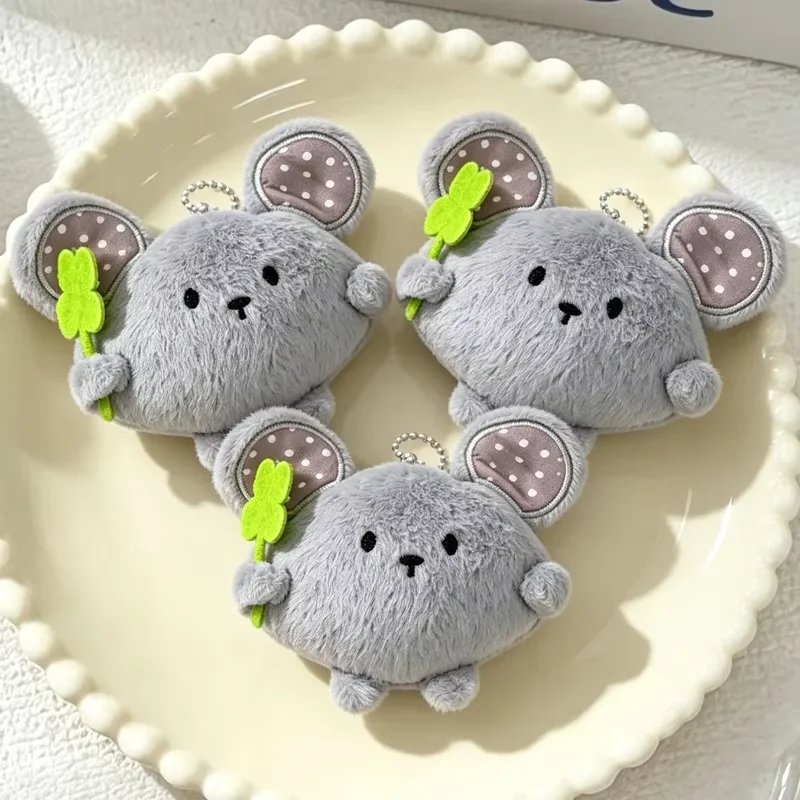 New Lucky Four-Leaf Clover Grey Mouse Keychain Plush Toy Fur Doll Bag Hanger Chain Keychains Couples Friend Cute Gifts Pendant