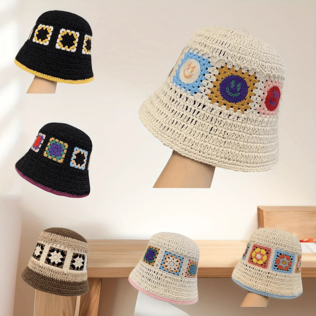 

Vintage Crochet Fisherman Hat Colorful Square Pattern Floral Openwork Design Handmade Breathable for Women Summer Vacation