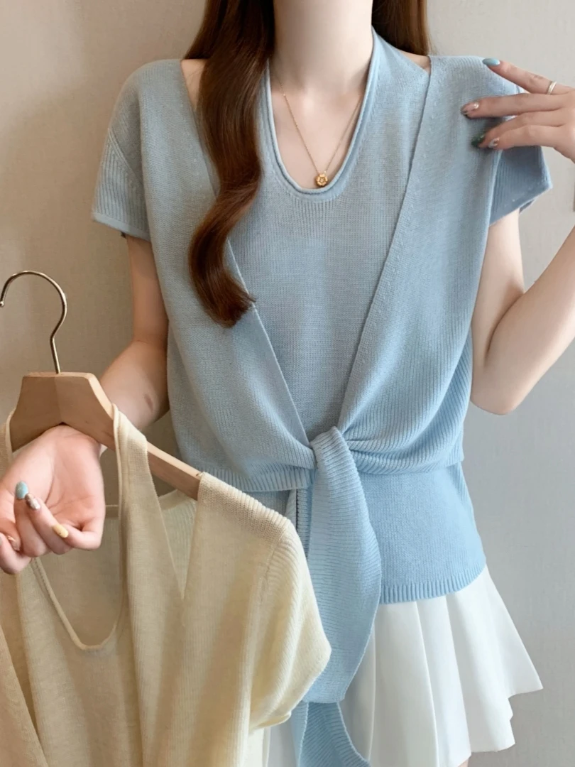 

plus Size Women's Gentle Style Knitted Sleeveless Belted Top Summer New Casual Slimming Versatile Short Sleeve Knitwear
