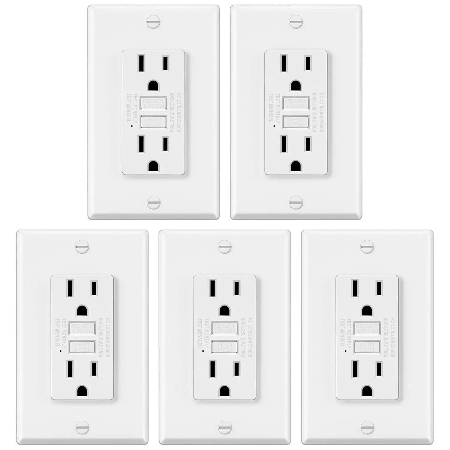 Paquete de 5 Tomas de Corriente GFCI de 15 Amperios, Sin Protección Contra Manipulaciones, con Indicador LED, Placa de Pared Incluida, Certificación ETL, Blanco