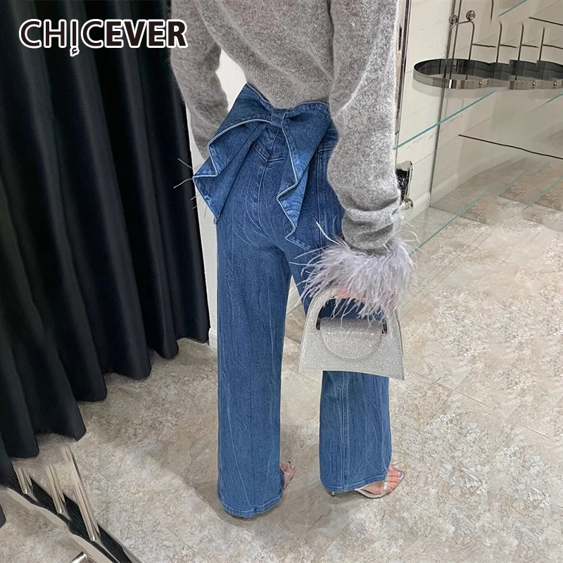 

CHICEVER Patchwork Bow Denim Pants For Women High Waist Spliced Zipper Solid Folds Loose Fashion Wide Leg Jeans Female Spring