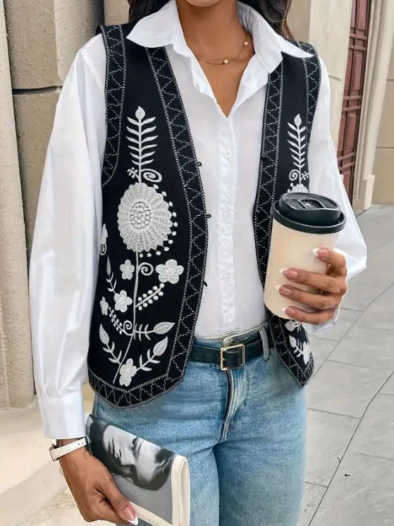 

Autumn New Fashion Retro Ethnic Style Embroidered Button Front Open Sleeveless Vest Jacket for Women's Casual Vest Jacket