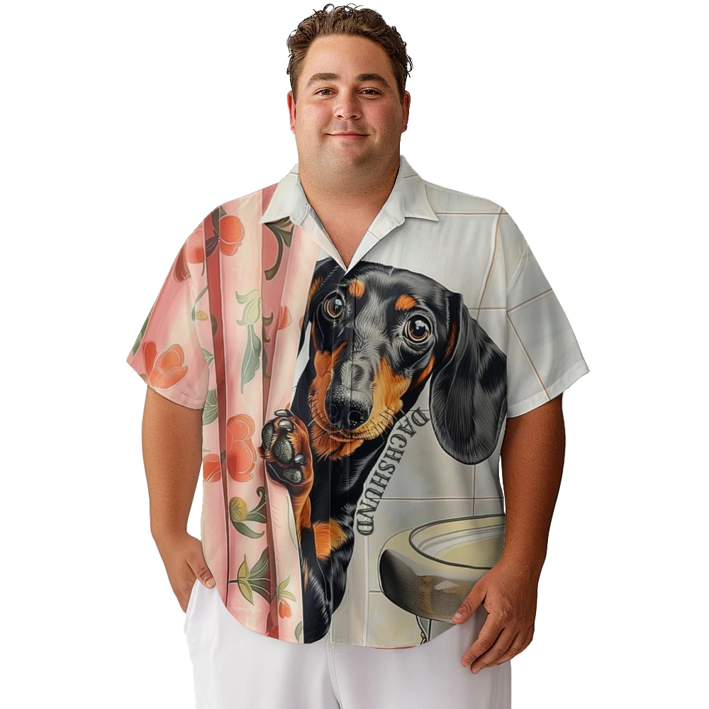 

2024 new Hawaii Men's shirts plus size Cartoon bathroom cute puppy printed clothing casual short-sleeved