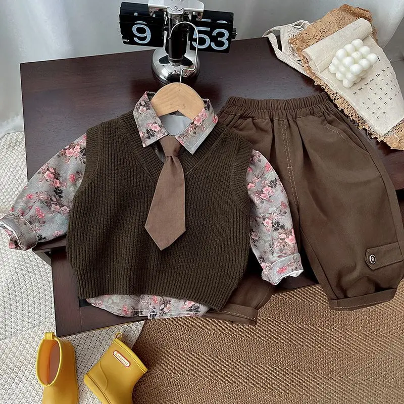 Autumn floral Style Kid Boys 3PCS Clothes Set Tie Collar Shirts Knitted Sticker Vest Solid Pants Suit Toddler Boys Outfit