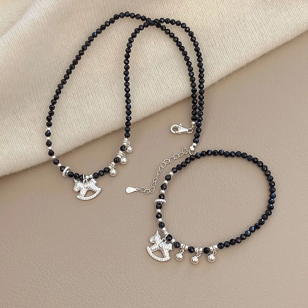 

S925 Sterling Silver Women's Black Spinel Trojan Horse Necklace Sweet Ball Tassel Year of the Horse Versatile Ins-Style Bracelet