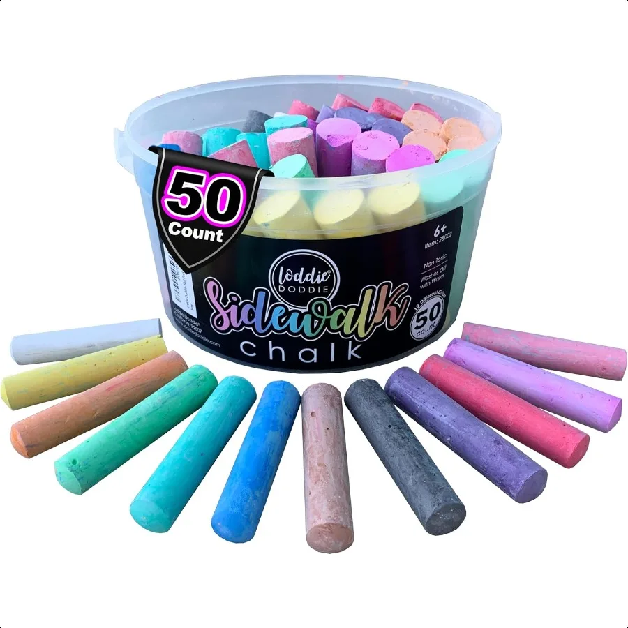

50ct Sidewalk Chalk for 12 Colors NonToxic Jumbo Sticks in Reusable Bucket Easy Clean Up for Fun and Creativity