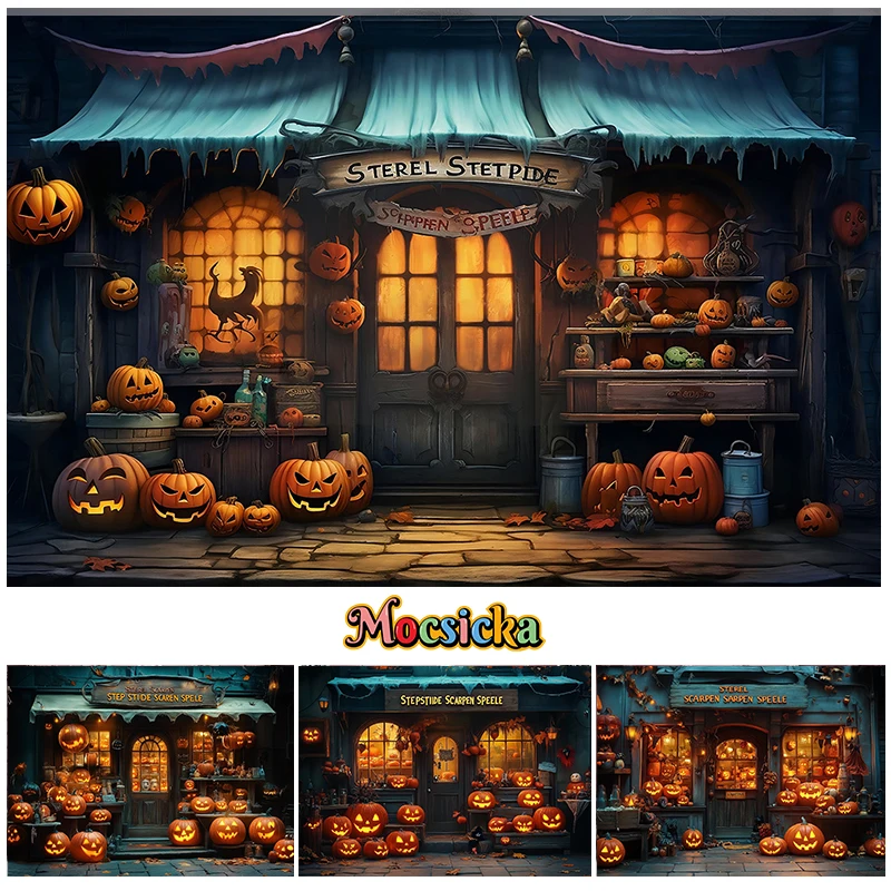 Mocsicka Halloween Scary Store Backdrop For Trick-Or-Treating Kids Photography Background Pumpkin Lantern Decoration Props