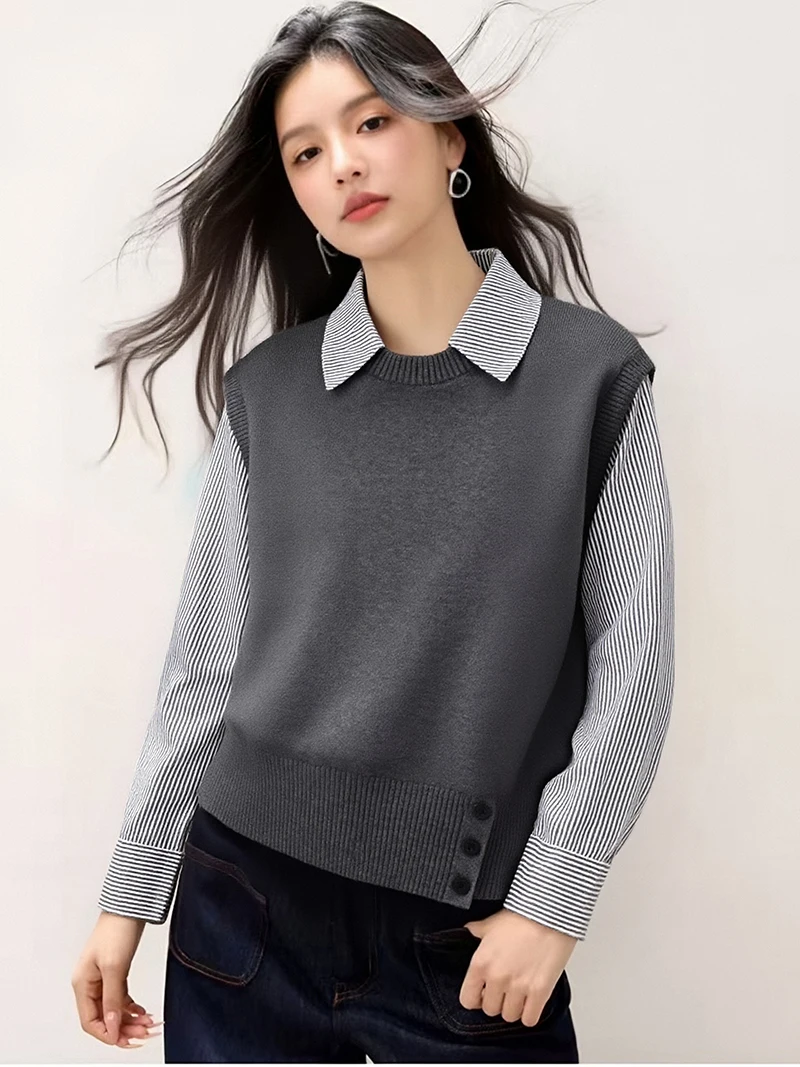 ヨーロッパ風、服、ヴィンテージ、秋、冬、セーター、シック、セクシー、フェイクツーピース、パッチワーク、女性、長袖、ニット、プルオーバー、トップス、510068