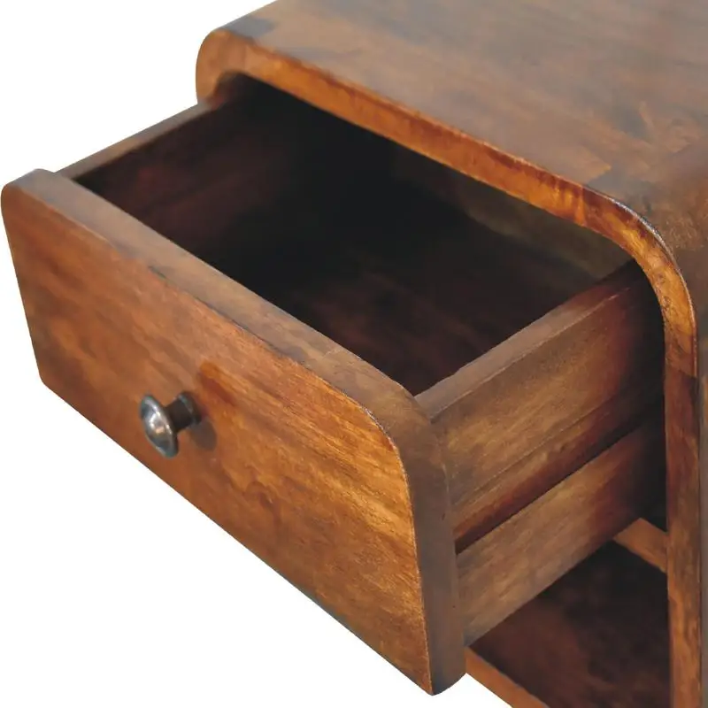 Mini Solid Wood Floating Nightstand with Drawer and Open Slot in Chestnut Finish