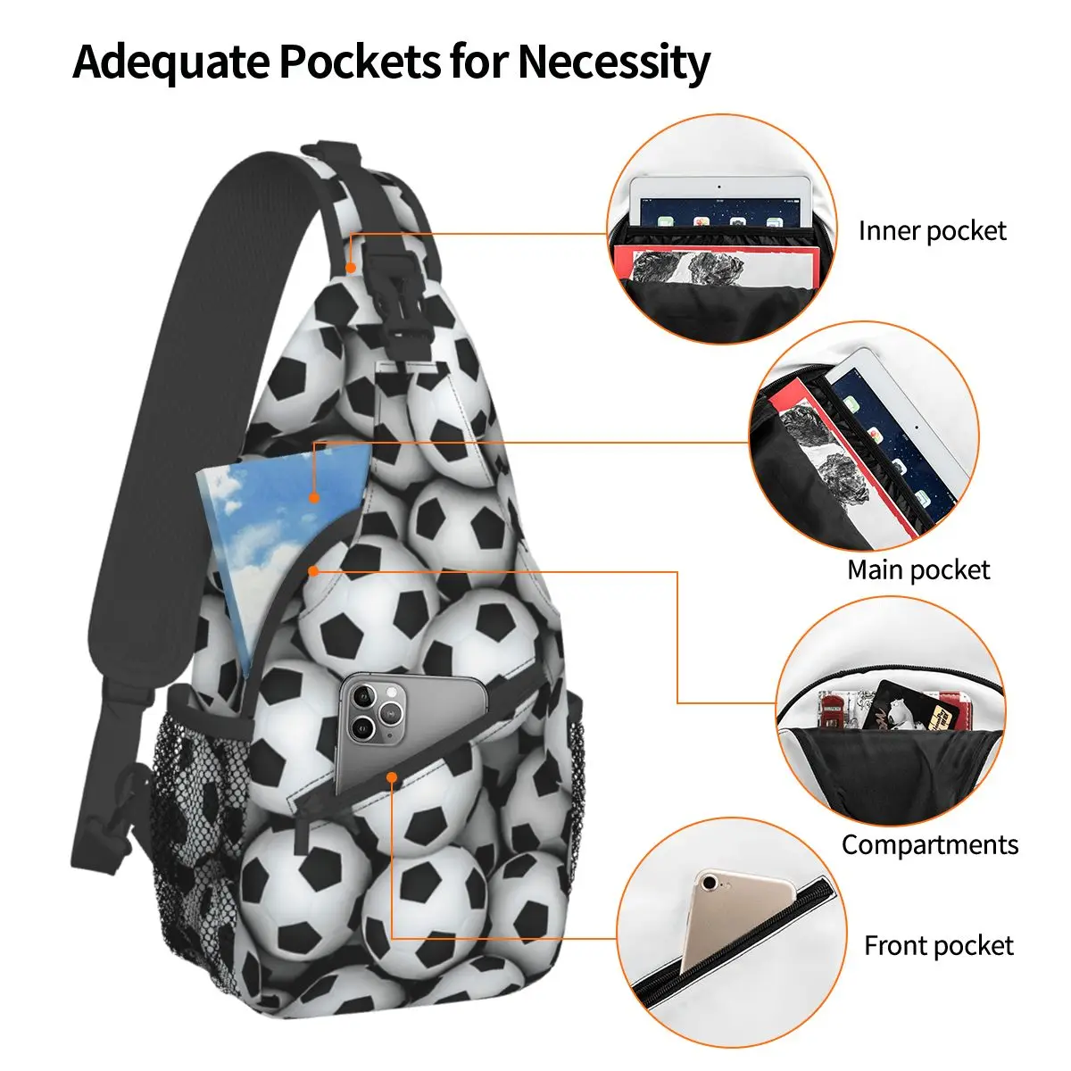 Bolas de futebol Crossbody Sling Bags Impresso Peito Bag Sport Jogar Jogo Ombro Mochila Mochila para Viagem Caminhadas Ciclismo Satchel