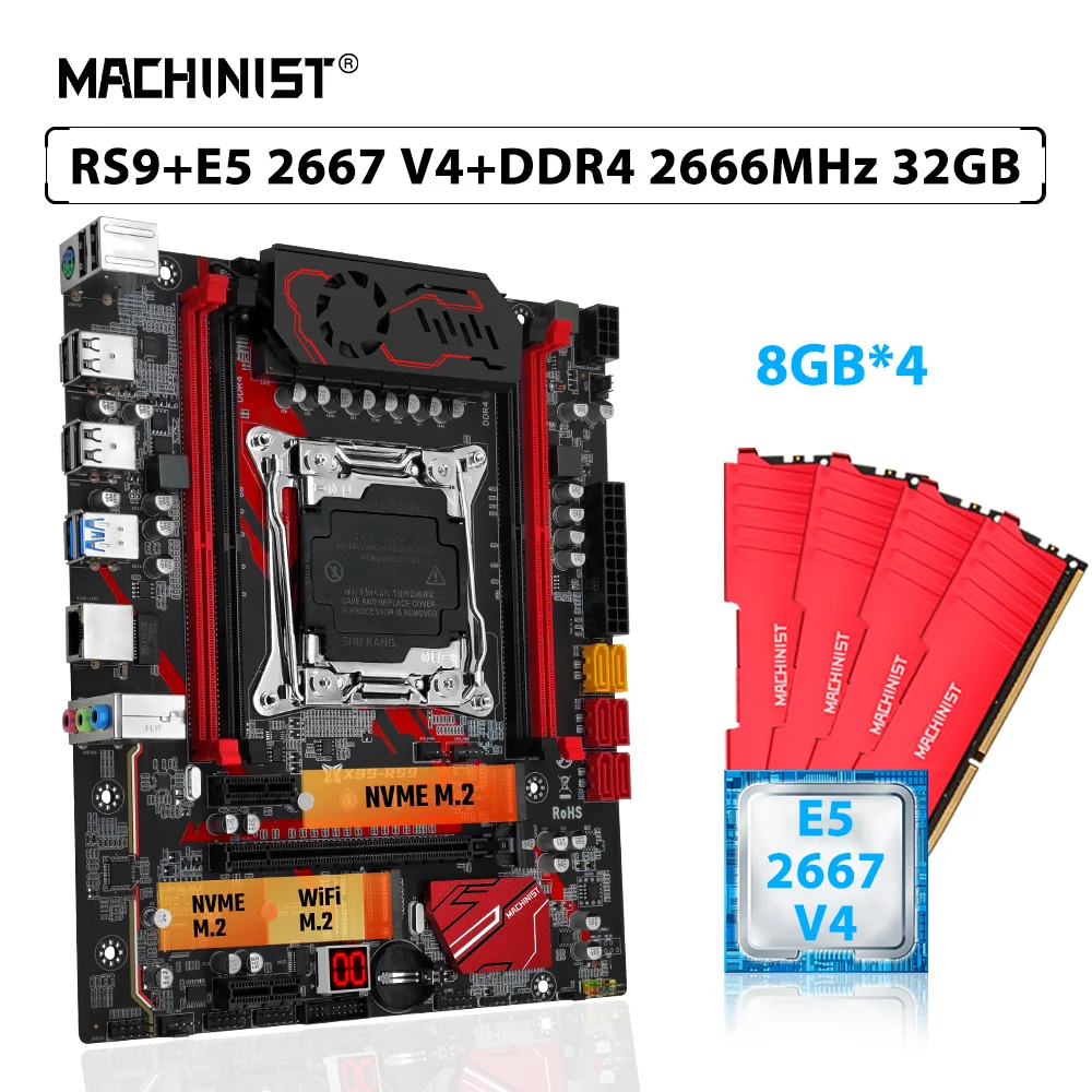 MACHINIST X99 RS9 마더보드 콤보, Xeon E5 2667 V4 프로세서, LGA 2011-3 CPU 키트, DDR4 32GB(4*8GB), 2666MHz 메모리 RAM, USB3.0