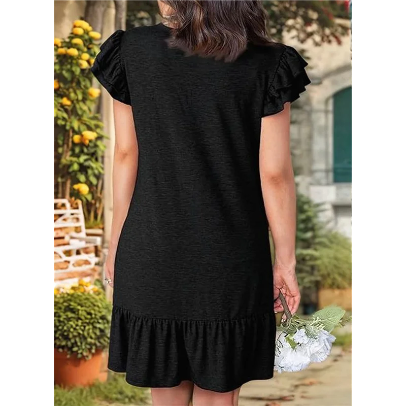 NUOVI abiti estivi da donna con volant manica corta smock scollo a V casual allentato a-line altalena mini abito prendisole
