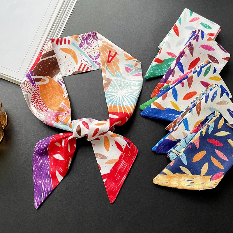 Fashion Skinny Silk Scarf for Women Floral Hair Ribbons Headbands Bandana Female Bag Wrist Wrap Neckerchief Foulard Neck Ties