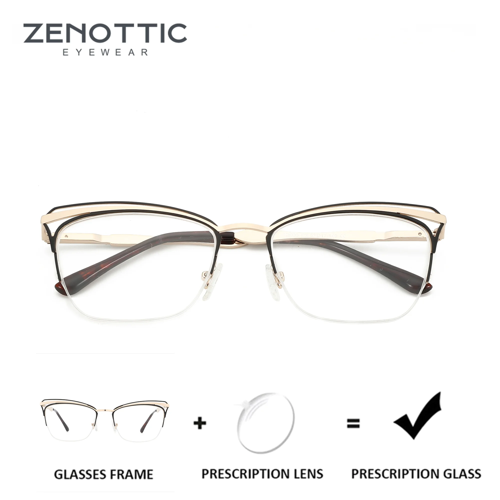 

ZENOTTIC (M Size) Cat Eye Double Bridge Prescription Glasses Women Metal Frame Progressive Lenses For Myopia Photochromic