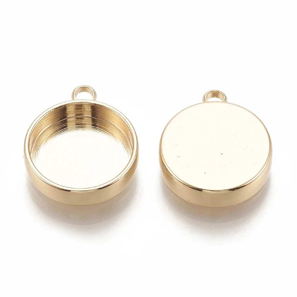 Brass Pendant Cabochon Settings Plain Edge Bezel Cups Flat Round Nickel Free Real 18K Gold Plated Tray: 10mm 14x11.5x3.5mm