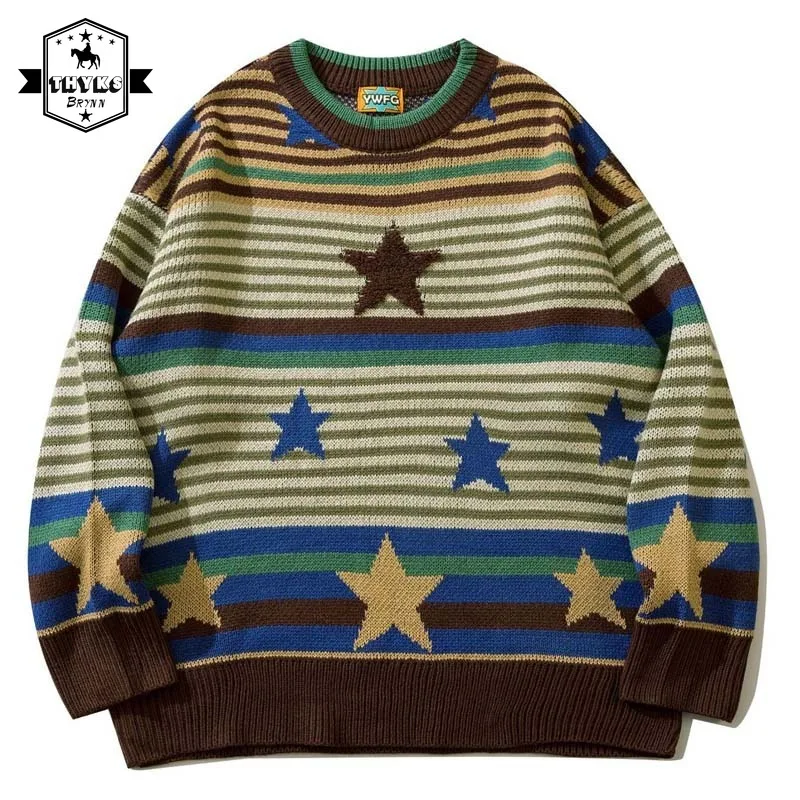 Sweater Men Harajuku Vintage Striped Star Flocking Oversized Knit Sweater Autumn Winter Streetwear Christmas Pullovers Women