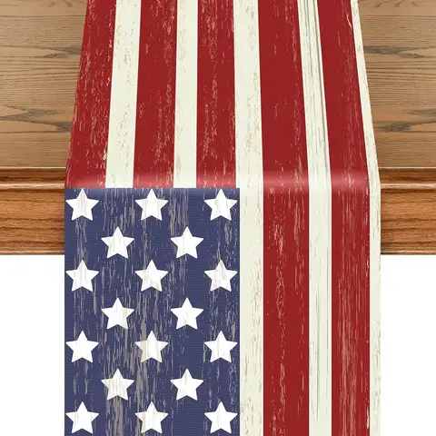 4th of July American Flag Linen Table Runner Dresser Scarve Decor Red White Blue Kitchen Dining Table Runner Holiday Party Decor