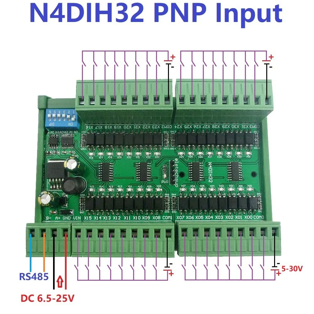 

DC 12V 24V PLC Switch Quantity Acquisition Board 32 Channel PNP NPN Isolated Digital Input RS485 Modbus Rtu Controller Module