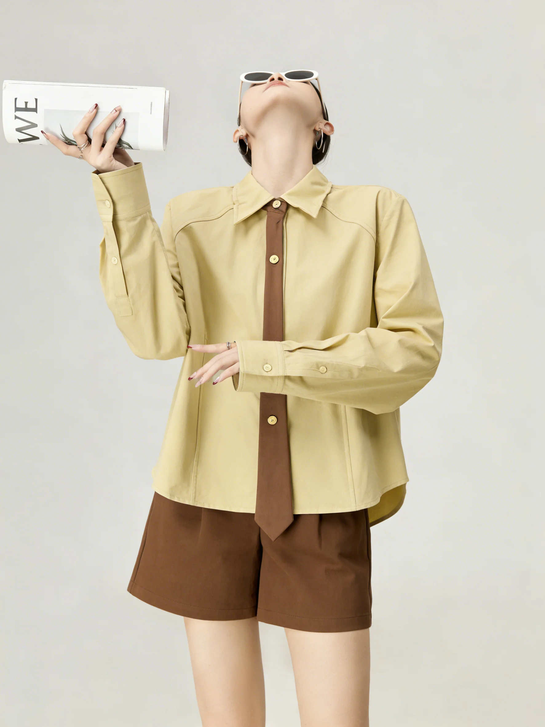 

Korean Retro Collar Shirt Women's Color Block Yellow Spring Fashion Design Commute Casual Loose Fit Long Sleeve Shirt